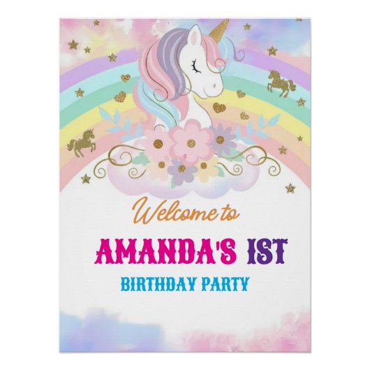 Poster Unicorn Rainbow 1st Birthday Party Welcome Sign (Devant)