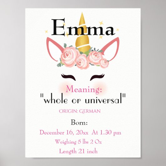 Poster Unicorn thème Nom signifiant garderie (Devant)