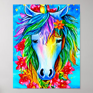 Poster Unicorne Abstraite Fleurs de visage aquarelle Art