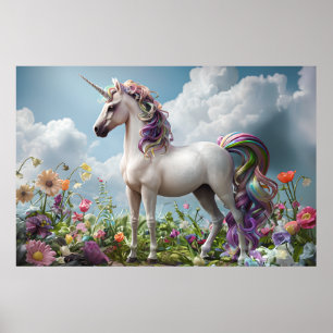 Poster Unicorne arc-en-ciel dans Flower Meadow - Imaginai