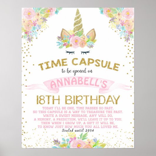 Poster Unicorne avec Fleurs Premier Anniversaire Capsule (Devant)