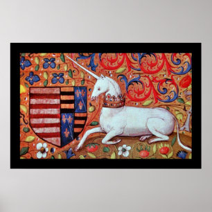 POSTER UNICORNE AVEC MOTIFS FLORAUX BLEU ROUGE