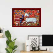 POSTER UNICORNE AVEC MOTIFS FLORAUX BLEU ROUGE (Bureau à domicile)