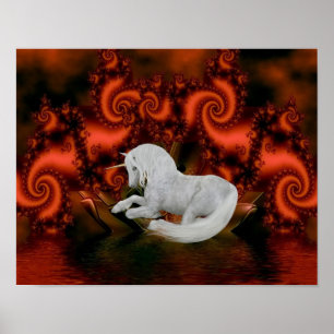 Poster Unicorne blanche Fractale rouge Imaginaire Cheval