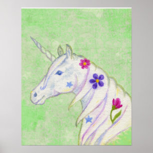 Poster Unicorne de fleurs sur l'impression d'art vert