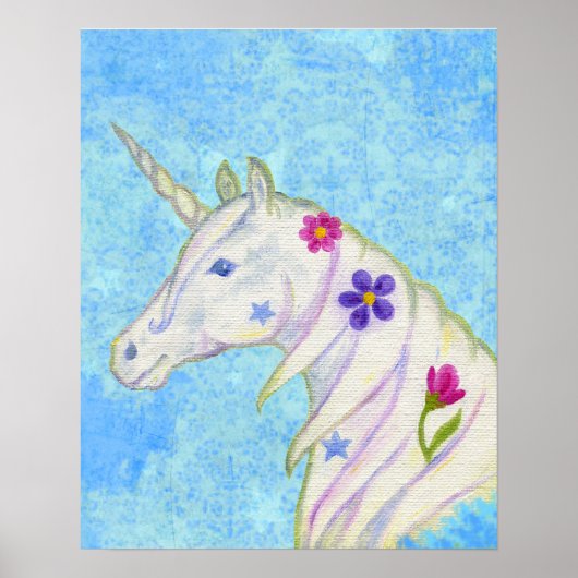 Poster Unicorne de fleurs sur papier d'art bleu (Devant)