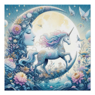 Poster Unicorne Et La Lune