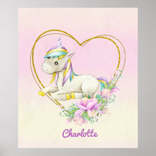 Poster Unicorne Fleurs cardiaques Aquarelle (Devant)