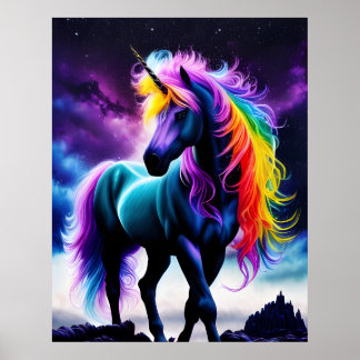Poster Unicorne foncée avec Mane arc-en-ciel