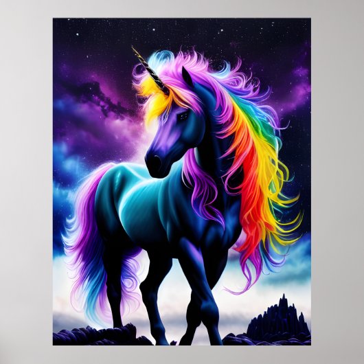 Poster Unicorne foncée avec Mane arc-en-ciel (Devant)