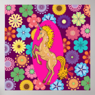 Poster Unicorne mystique colorée sur Fleurs violettes ros