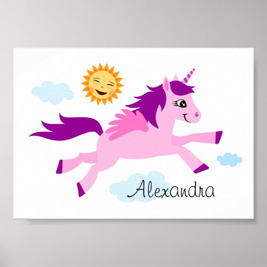 Poster Unicorne rose et soleil heureux, mur art pour les (Devant)