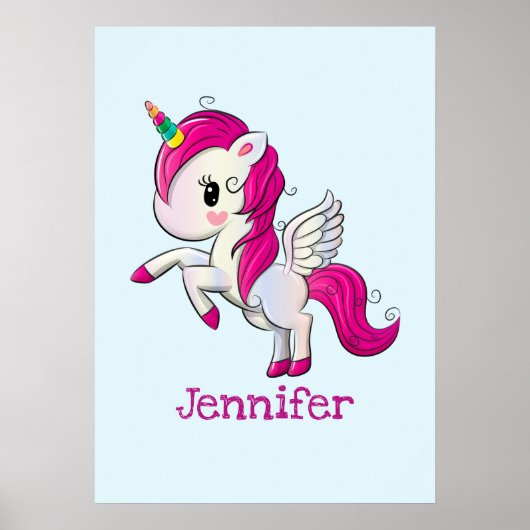 Poster Unicorne rose mignonne avec ailes (Devant)