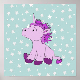 Poster Unicorne rose mignonne avec Stars Girl Nursery