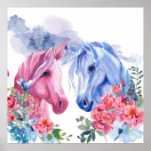 Poster Unicornes avec Fleurs Aquarelle Art Faux Canvas (Devant)