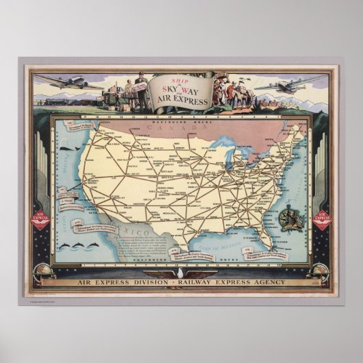 Poster United States Map Ship the Skyway via Air Express (Devant)