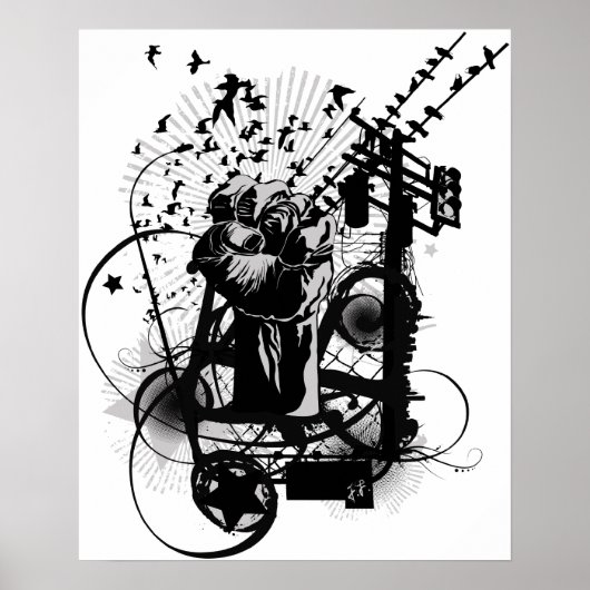 Poster Urban Illustrated Poing with Crows, graffiti etc! (Devant)