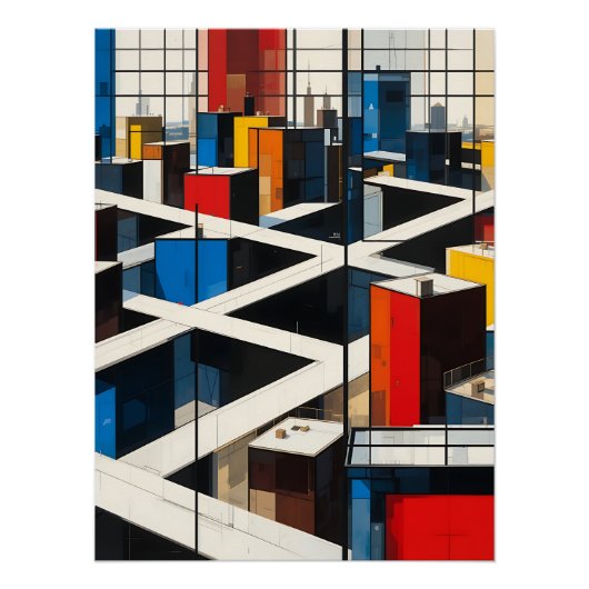 Poster Urban Rhythms: Mondrian-Inspired Cityscape (Devant)