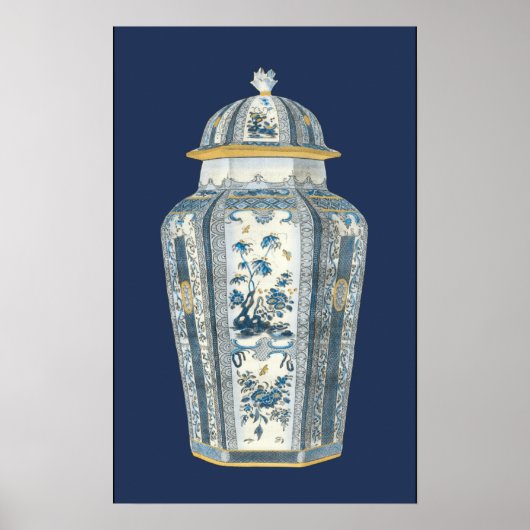 Poster Urne asiatique décorative en bleu et blanc (Devant)