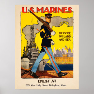 Poster US Marines Service On Land and Sea American WW1