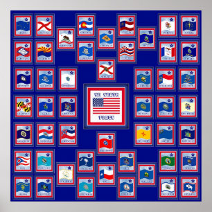 POSTER USA 50 DRAPEAUX D'ÉTAT BLEU/555
