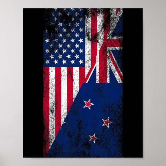 Poster Usa & New Zealand Flags - Us Of America Kiwi, (Devant)