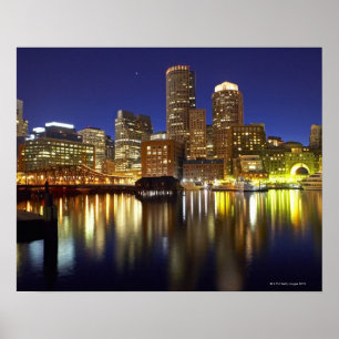 Poster USA, Boston, ville skyline la nuit (longue