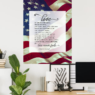 Poster USA Flag Love Never Fails Bible Patriotic Mariage