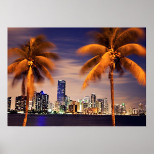 Poster USA, Floride, Miami skyline à la tombée de la nuit