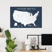 Poster USA Travel Map pour les couples à Pin Places visit (Bureau à domicile)