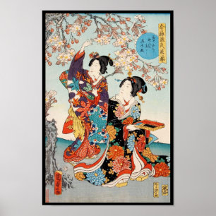 Poster Utagawa art deux geishas ukiyo-e vintage classique