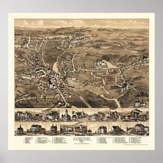 Poster Uxbridge, MA Carte panoramique - 1880 (Devant)