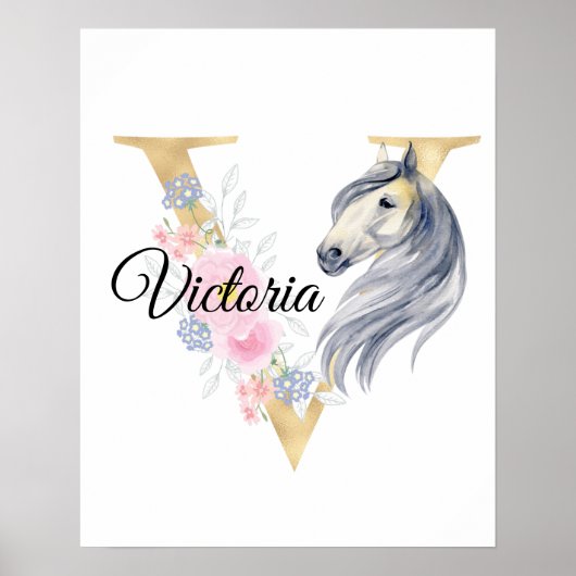 Poster V lettre nom personnalisé monogramme avec cheval (Devant)