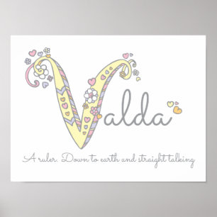 Poster V monogramme art Valda filles nom signifiant affic