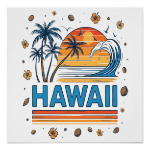 Poster Vacances à Hawaï Coucher de soleil 70S Plage
