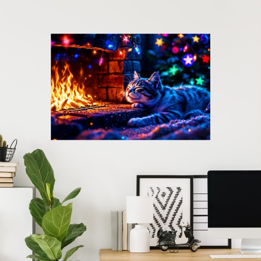 Poster Vacances d'hiver mignon chat lumières de Noël (Bureau à domicile)