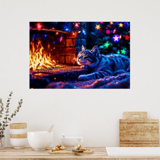 Poster Vacances d'hiver mignon chat lumières de Noël (Cuisine)