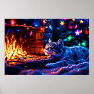Poster Vacances d'hiver mignon chat lumières de Noël