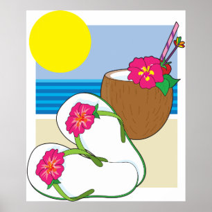 Poster Vacances tropicales sur la plage fleurs de coco to