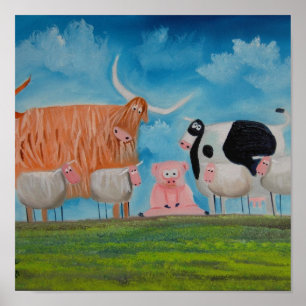 Poster vache à montagne de porc de moutons