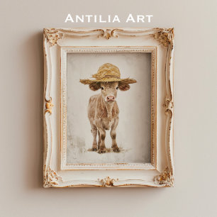 Poster Vache à paille Casquette Whimsical ferme animal ve
