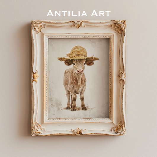 Poster Vache à paille Casquette Whimsical ferme animal ve