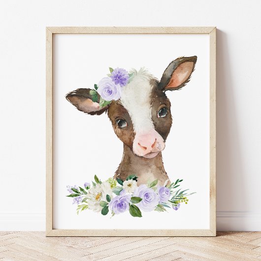 Poster Vache, Animaux de ferme, Fleurs violettes, Neutre 