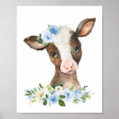 Poster Vache, Animaux De Ferme, Grange, Fleurs Bleues, Ga (Devant)