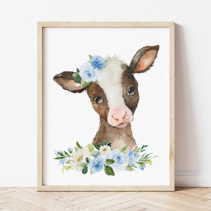 Poster Vache, Animaux De Ferme, Grange, Fleurs Bleues, Ga
