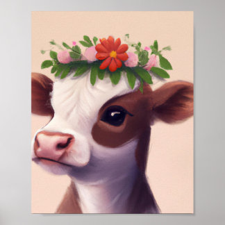 Poster Vache bébé avec couronne de fleurs