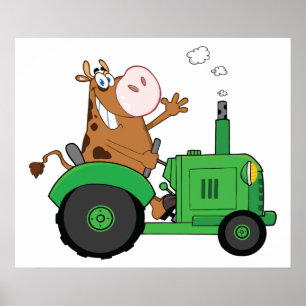 Poster Vache Conduisant Un Tracteur