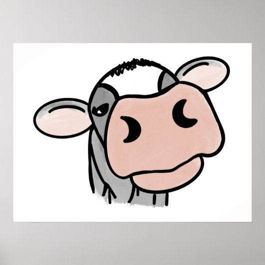 Poster vache de dessin animé noir blanc rose baiser gris (Devant)