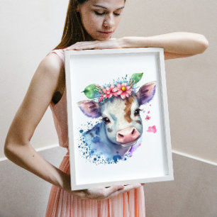 Poster Vache de ferme et pépinière Fleur sauvage à l'aqua