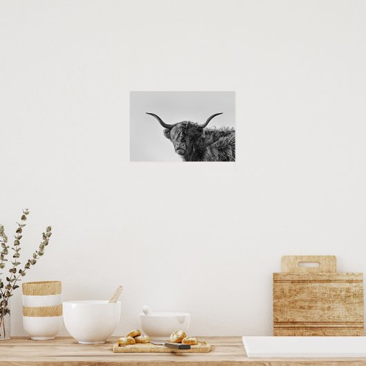 Poster Vache des hautes terres robuste en monochrome (Cuisine)